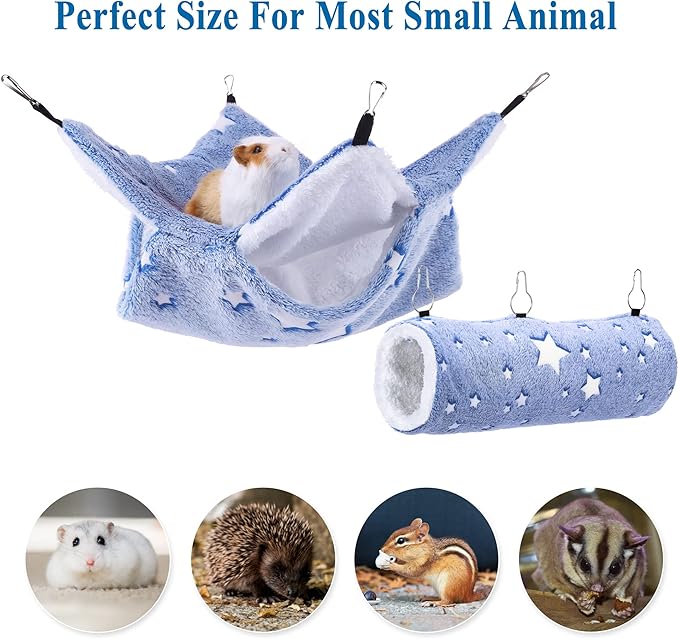 Mogoko Noctilucent Luminous Guinea Pig Rat Hammock Bunkbed Hanging Tunnel and Soft Bed Mat for Ferret Hedgehog Squirrel Hideout Cage Accessories (Tunnel and Bunkbed Hammock)