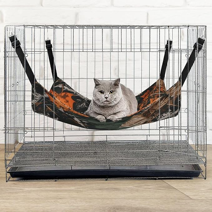 Camo Leaves Cat Hammock for Cage, Camouflage Hanging Cat Bed with Adjustable Straps and Metal Hooks, Soft Pet Cage Swing for Puppy Rabbits Small Animal