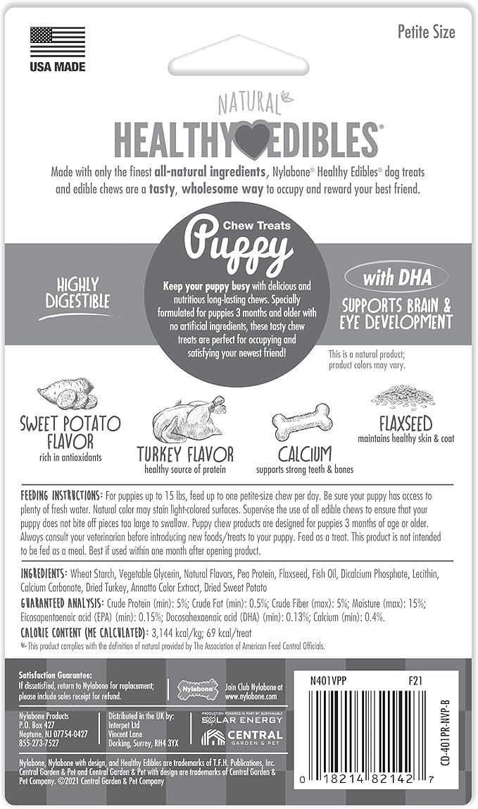 Nylabone Healthy Edibles Natural Puppy Chews Long Lasting Treats for Puppies, Turkey & Sweet Potato Dog Treats, X-Small/Petite (4 Count)