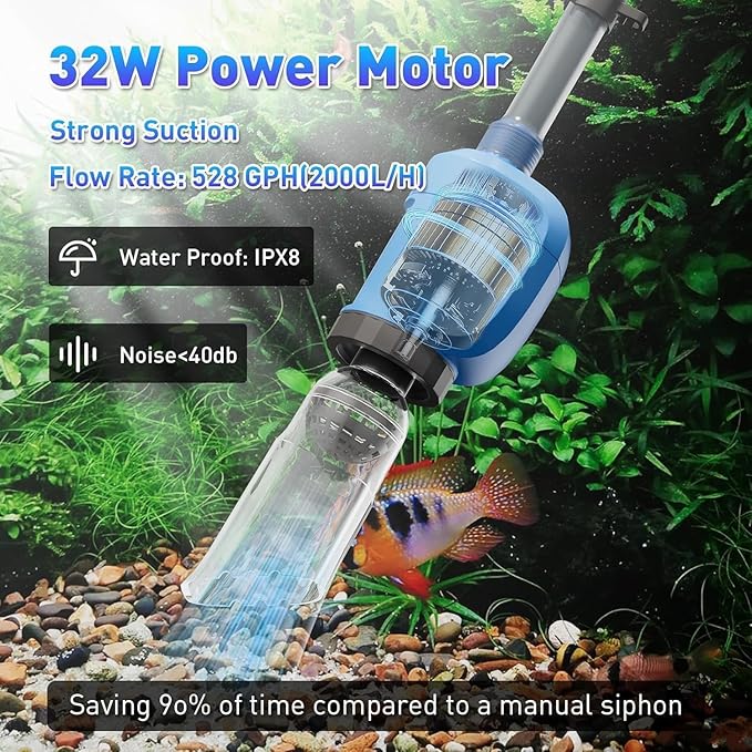 6-in-1 Electric Aquarium Gravel Cleaner, 530GPH Fish Tank Vacuum Cleaner with Water Changer, Sand Washer, Debris Remover & Circulation Pump, Quiet 32W Pump (Black) (Black)