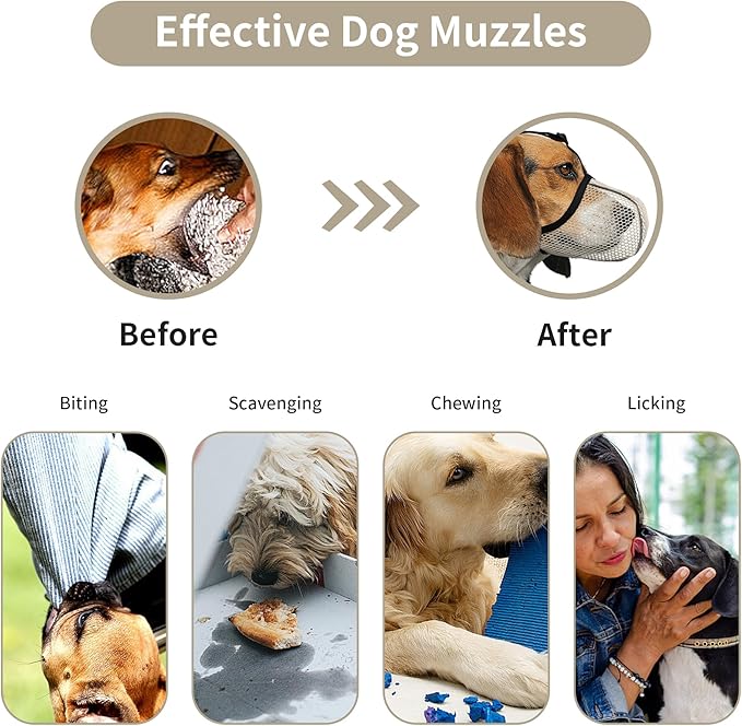 Dog Muzzle, Breathable Soft for Small to Medium Dogs to Anti & Prevent Barking Biting Chewing, Reflective & Adjustable Basket Muzzle with Air Mesh for Schnauzer Beige M