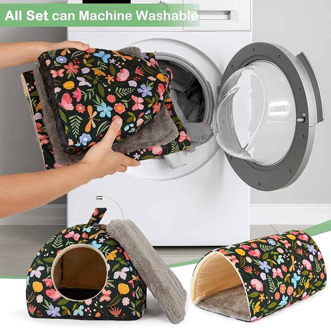 Guinea Pig Hideout, Bienbee Washable Rabbit Bed with Guinea Pig Tunnel, 2 Pack Guinea Pigs Toys Set Bunny Hideout Cage Accessories for Hamster Ferret Rabbits Bunny, Green Flowers