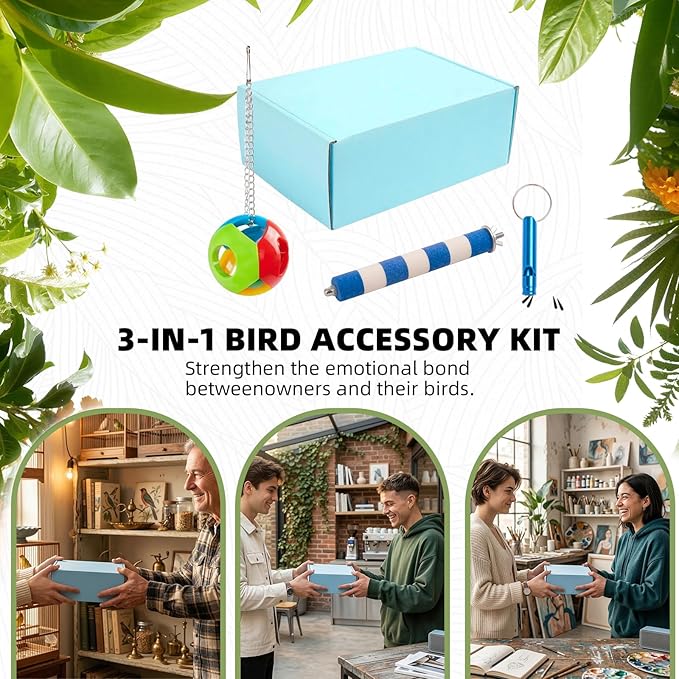 Perch Stand 3-in-1 Bird Toys Gift Set, Parrot Perch Bird Cage Accessories for Cockatiel, Parakeet, Lovebirds All Small Medium Birds, Durable Beak & Claw Trimming Grinding Stone, Safe, Easy to Clean