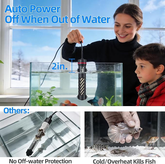 FREESEA Aquarium Heater for Fish Tank: 100W Small Submersible Thermostat with Off-Water Protection & UL Certified Cord for 10-20 Gallon Fish Turtle Tanks Enthusiasts