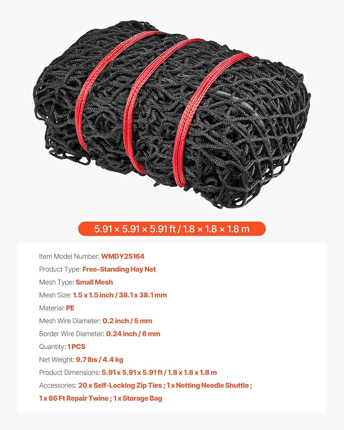 VEVOR Round Bale Hay Net, 5.91 x 5.91 x 5.91 ft, 1.5 inch Holes, PE Material, Knotless Design, with Zip Ties, Needle Shuttle, Repair Twine and Storage Bag, Slow Feeder Round Bale Net for Horses