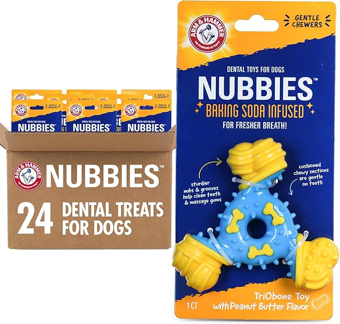 Arm & Hammer Nubbies TriBone Dog Dental Chew Toy, Peanut Butter Flavor, for Moderate Chewers, Nylon and TPR, Reduces Plaque and Tartar, Baking Soda Infused, No Stuffing - 24 Pack