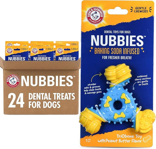 Arm & Hammer Nubbies TriBone Dog Dental Chew Toy, Peanut Butter Flavor, for Moderate Chewers, Nylon and TPR, Reduces Plaque and Tartar, Baking Soda Infused, No Stuffing - 24 Pack