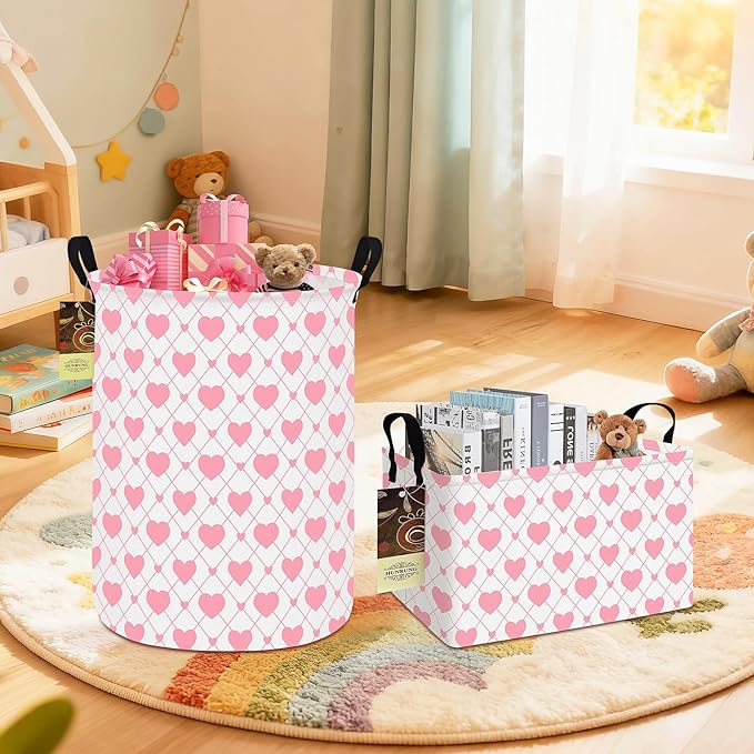 Collapsible Fabric Storage Basket, Waterproof Laundry Hamper with Handles, Round Storage Bin for Clothes Toys, Foldable Organizer for Bedroom Nursery Bathroom(Round-Heart)