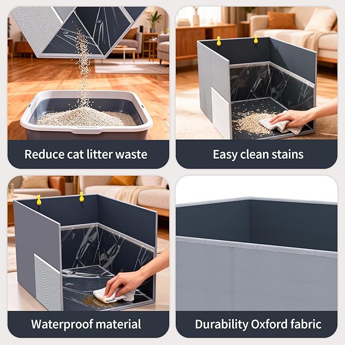 2PCS Cat Litter Box Enclosure Splash Guard, All-in-One Large Waterproof Gray Foldable Pet Litter Box Shield