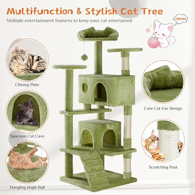 DUMOS 54 Inch Cat Tree Tower, Indoor Multi-Level Pet House for Large Cats Tree with 2 Condos, Scratching Posts, Round Platform, Small Ladder, and Toys, Green