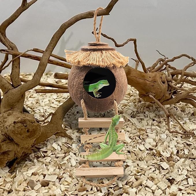 Gecko Coconut Hideout with Ladder,Reptile Hammock Plants Vines Jungle Terrarium Decor Tank Accessories for Crested Geckos,Leopard Geckos,Lizard,Snakes,Tree Frogs