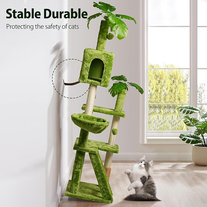 Meecal 65in Tall Cat Tree with Leaves for Indoor Cats, Green Cat Tower with Scratching Post,Hanging Hammock,Cozy Perch,Swing Ball,Self Groomer and Cat Ladder,Cat Tree Tower