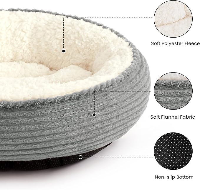 Love's cabin Round Donut Cat and Dog Cushion Bed, 25in Pet Bed for Small or Medium Dogs, Anti-Slip & Water-Resistant Bottom, Soft Durable Fabric Pet Beds, Washable Calming Cat Bed Grey Stripe