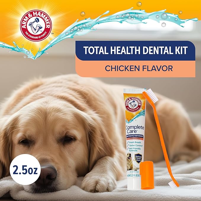 ARM & HAMMER Dog Dental Kit - Enzymatic Dog Toothpaste 2.5 oz Chicken Flavor - Dog Toothbrush & Finger Brush - Tartar & Gum Cleaning with Baking Soda Enhanced Formula - Complete Dental Care for Dogs
