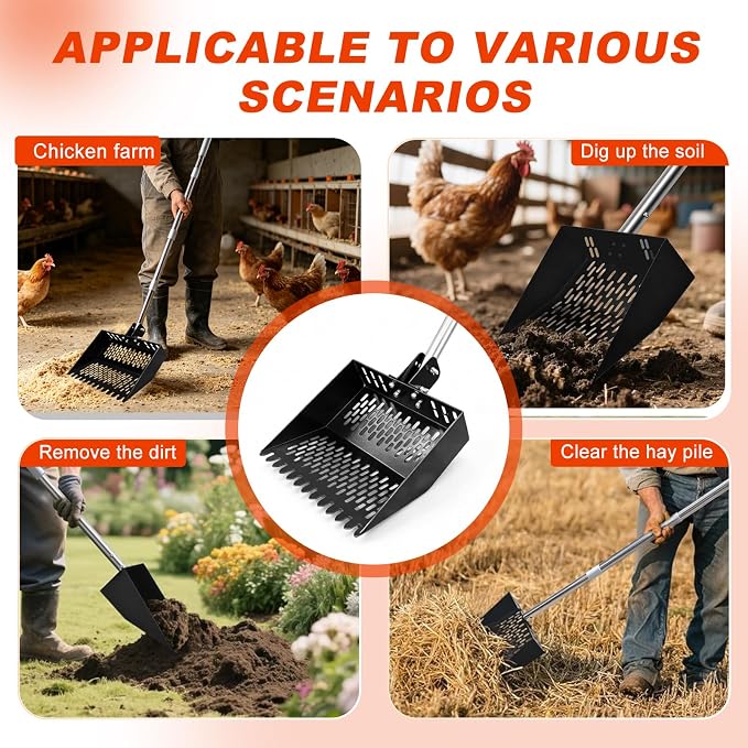12inch Width Heavy Duty 2-in-1 Chicken Poop Scooper & Rake, Stainless Steel Chicken Coop Litter Sifting Shovel with Ergonomic Grip & Adjustable Angle, Sand Scoop for Coop, 37-54 Inch (12inch)