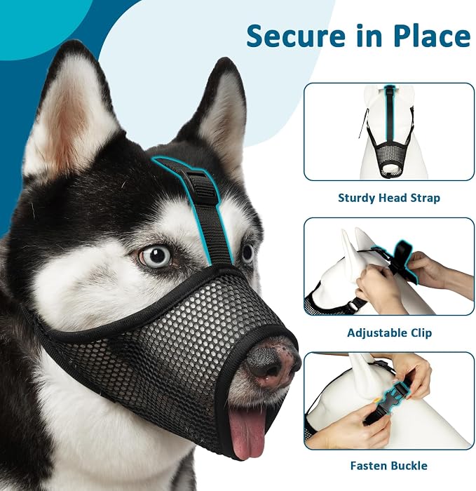 LUCKYPAW Dog Muzzle, Mesh Muzzle for Large Medium Small Dogs, Soft Mouth Cover to Prevent Biting Chewing with Adjustable Head Strap, Allows Panting and Drinking, Perfect for Vet Visit (Black, L)