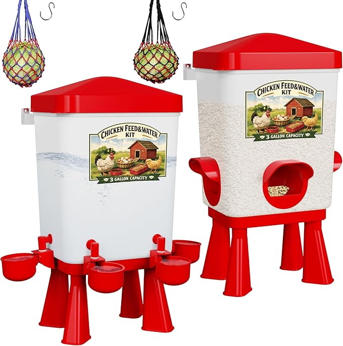 Erinaik Chicken Feeder and Waterer Set, 3 Gallon/16 LB Automatic Poultry Feeding System with Hanging Option, No Waste Feeder Ports & Water Cups, BPA-Free, Ideal for Hens Ducks and Poultry (RED2)