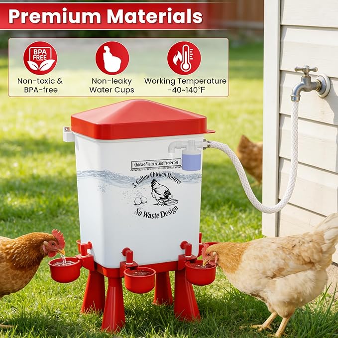 3 Gallon Automatic Chicken Feeder and Waterer Set with Float Valve, Chick Feeder Coop Poultry Waterer with Cups and Feeding Ports No Waste,Standing/Hanging Use, Chicken Coop Accessories