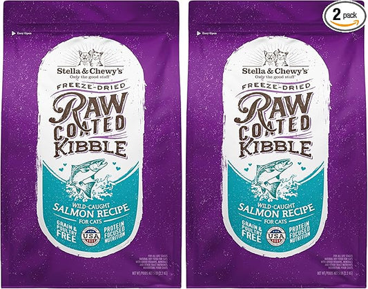 Stella & Chewy's Raw Coated Cat Food - High Protein, Grain-Free Kibble with Wild-Caught Salmon - Premium Digestive Support with Probiotics - Natural Small Kibble - Perfect for Picky Eaters - 5 lb Bag