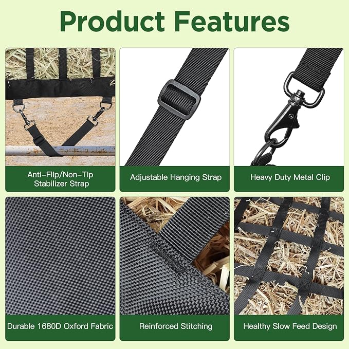 Hay Bags for Horses Slow Feed,Heavy Duty Oxford Fabric with Widening Side Design, Full Back Zipper & Adjustable Strap for Easy Filling, Hanging and Clean Eating New Version