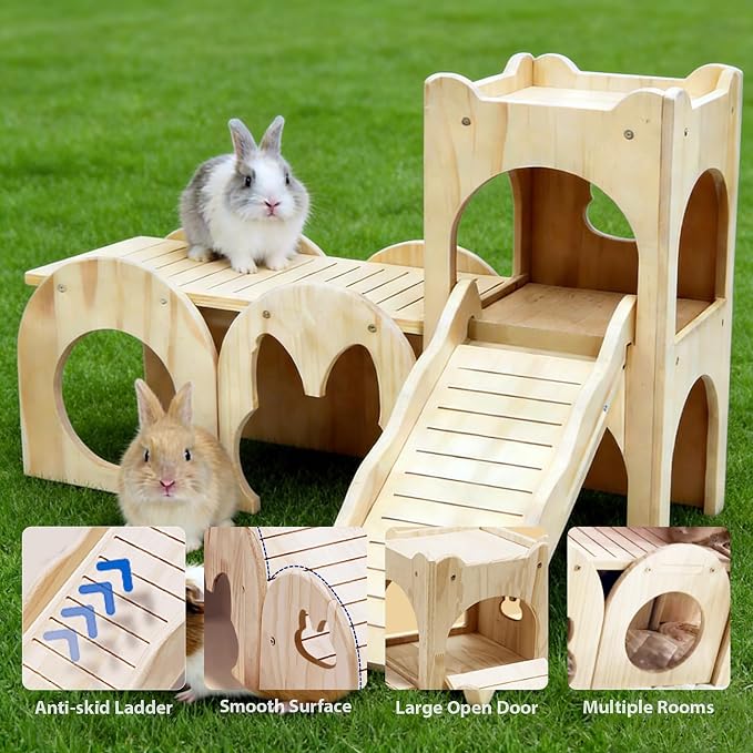 Rabbit Castle Large Guinea Pig Hideout Thicken Solid Wooden Bunny House with Ramp,Rabbit Playhouse for Chinchilla,Hamster,Small Animal Houses & Habitats(Set of 3)