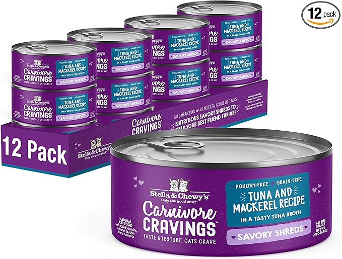 Stella & Chewy's Carnivore Cravings Savory Shreds - Wet Cat Food - High-Moisture Formula with Wild-Caught Tuna & Mackerel - Perfect for Picky Eaters - 2.8 oz, 12 Count