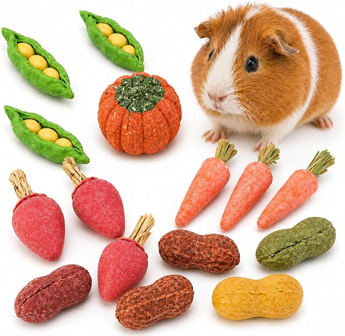 HERCOCCI 15Pcs Guinea Pig Chew Toys, Hamster Toys Prevent Excessive Teeth Growth Natural Vegetables Carrot & Timothy Grass for Guinea Pig Rabbit Chinchillas Gerbil