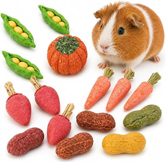 HERCOCCI 15Pcs Guinea Pig Chew Toys, Hamster Toys Prevent Excessive Teeth Growth Natural Vegetables Carrot & Timothy Grass for Guinea Pig Rabbit Chinchillas Gerbil