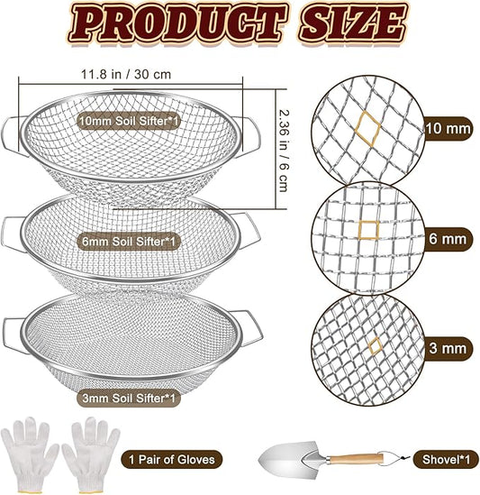 3PCS Soil Sifter for Gardening, Rock Soil Sifter with Handle Compost Sifting Screen for 5 Gallon Buckets with Metal Garden Tool Shovel Gloves 3,6,10mm Mesh Sizes Remove Stone Fine Gravel Sand Dirt