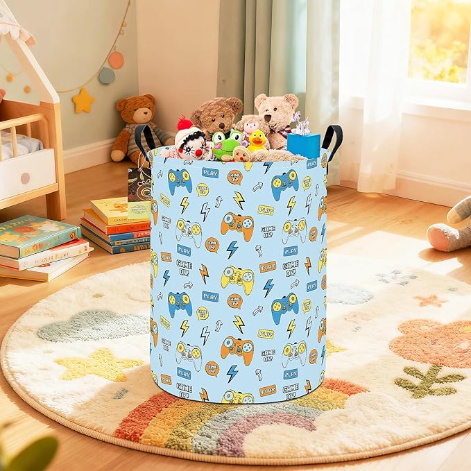 Collapsible Fabric Storage Basket, Waterproof Laundry Hamper with Handles, Round Storage Bin for Clothes Toys, Foldable Organizer for Bedroom Nursery Bathroom(Round-Color Game)