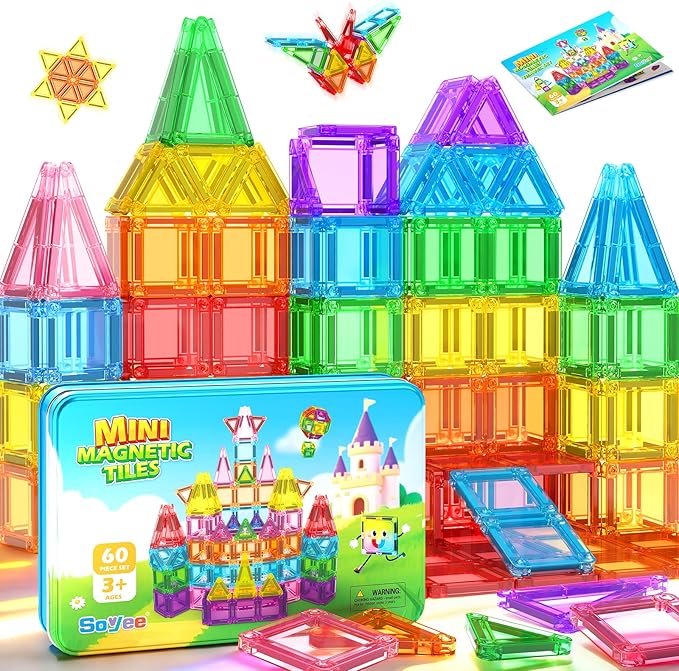 Soyee Mini Travel Magnetic Tiles 60PCS with Metal Tin Case Toddler Kids Toys Travel Essentials, Toddler Travel Toys Portable STEM Building Blocks Compatibility with Regular Size Magnetic Tiles