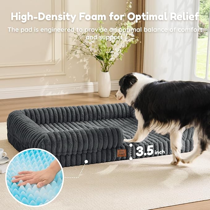 ChiXnuggle Orthopedic Dog Bed with Bolster Sides for Sleeping, Fluffy Plush Rectangular XL Dog Bed, Luxury Striped Faux Fur Waterproof Dog Couch with Removable Washable Cover, Dark Grey
