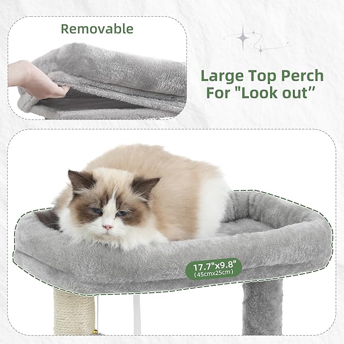 Gitelsnour 51.2'' Cat Tree Tower, Cat Tower with Scratching Post, Sturdy Steel Pube Cat Tree for Inoor Cats Large Adult, Cat Hammock and Basket, Padding Top Platform, Light Gray GCT014W