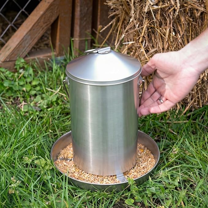 Plexon 6.6 Lb Hanging Chicken Feeder No Waste – Stainless Steel Poultry Feeder with Handle, Heavy Duty Metal Feeder for Chickens Ducks Turkeys, Backyard Coop