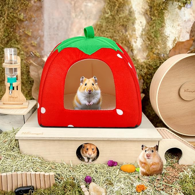 Guinea Pig Hideout Warm Fleece Small Animal Bed Washable Pet Cushion Winter Warm Sleeping Nest for Hamster Rabbit Chinchilla(Strawberry Style)
