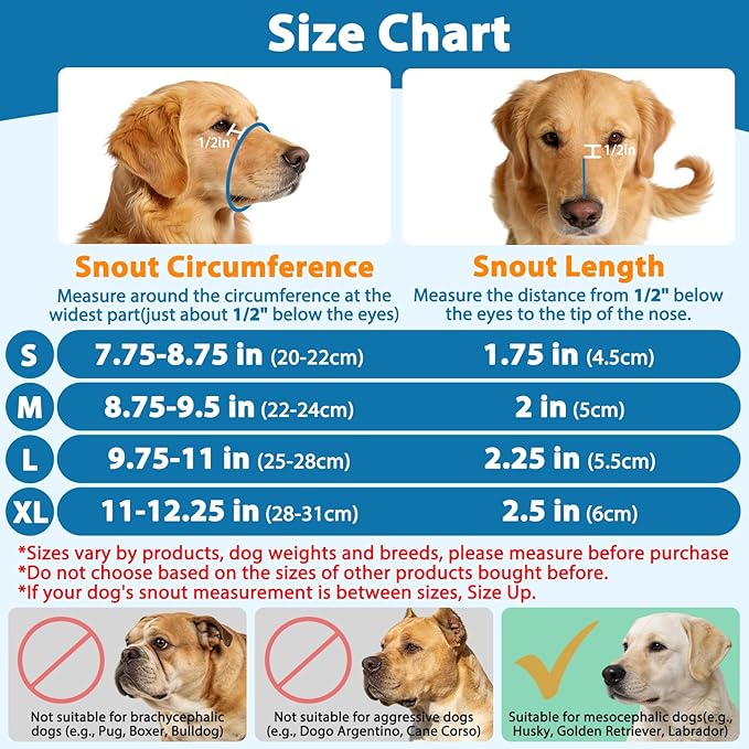 LUCKYPAW Dog Muzzle for Small Medium Large Dog Labrador Golden Retriever German Shepherd, Soft Oxford Cloth Muzzle to Prevent Biting Chewing for Training Grooming with Buckle (Blue, XL)