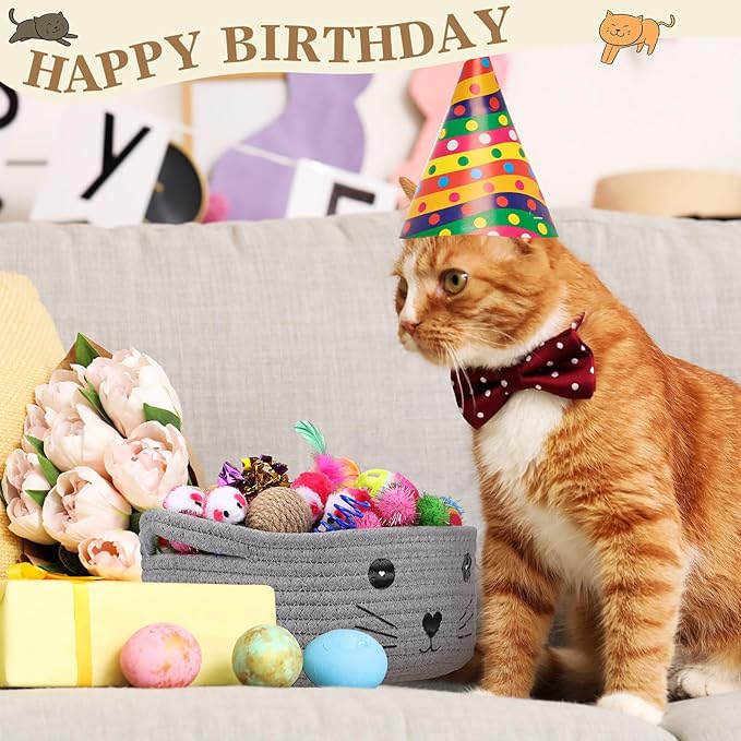 Zopeal 58 Pcs Mother’s Day Cat Storage Basket Gift Toys Set, Colorful Flashing Balls Pet Bell Crinkle Balls Spring Toys Attract Cat to Swat, Hunt, Interactive for Pet(Grey,9.8 Inch)