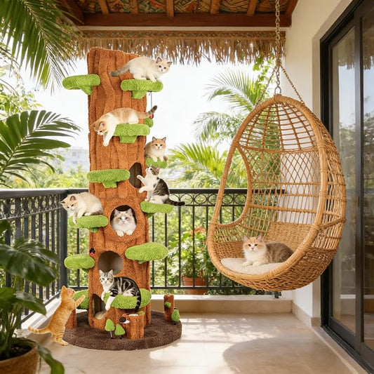 NUNU LAB Large Cat Tree for Indoor Cats – Multi-Level Solid Wood cat Tree Tower with Sisal Scratching Posts, Jumping Platforms, Plush Perches & Spring Toys for Multi-Cat Homes