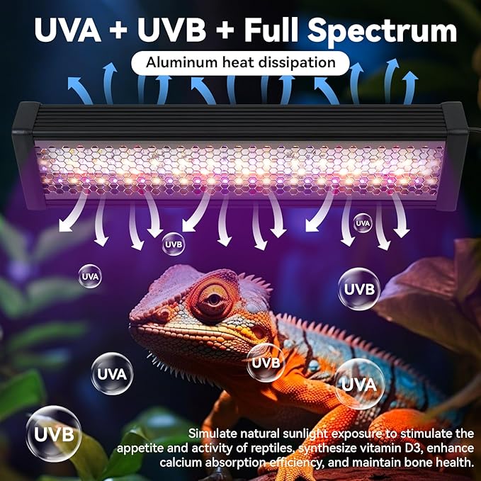HNRLOY UVB Reptile Light, 9W UVA UVB Dimmable LED Reptile Lamp for Bearded Dragon, Chameleon, Turtles, Gecko, Snake, Lizard, Adjustable 6/10/12H Timer, Dimmable with 3 Lighting Modes