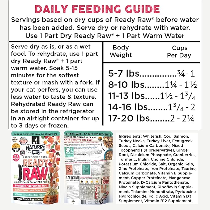 Nature's Diet Ready Raw : Freeze-Dried Raw Cat Food, Salmon & Whitefish, Human Grade, High Pressure Pasteurized (HPP), 96% Meat, Organ, Bone, Safe & Natural, Dry or Wet Feeding