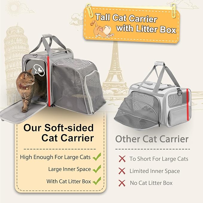 Cat Carrier with Litter Box for Large Cats Up to 25lbs, Expandable Soft-Sided Pet Travel Carrier, Breathable Foldable Cat Bag for Car Ride, Vet Visit & Camping