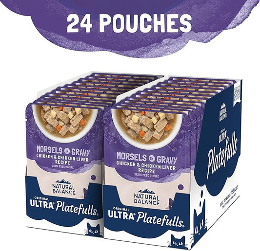 Natural Balance Original Ultra Platefulls Indoor Adult Grain Free Wet Cat Food, Chicken & Chicken Liver Recipe, 3 Ounce Pouch (Pack of 24)