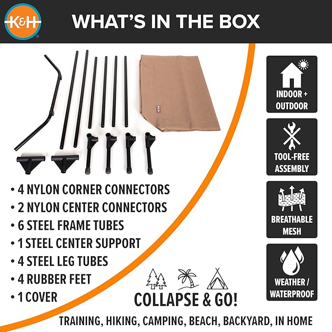 K&H Outdoor Elevated Dog Bed - Cooling Raised Dog Bed for Large & Extra-Large Pets, Breathable Mesh Hammock Design, Indoor/Outdoor Washable Cover, Portable Metal Frame, Tan, XL 50x32in