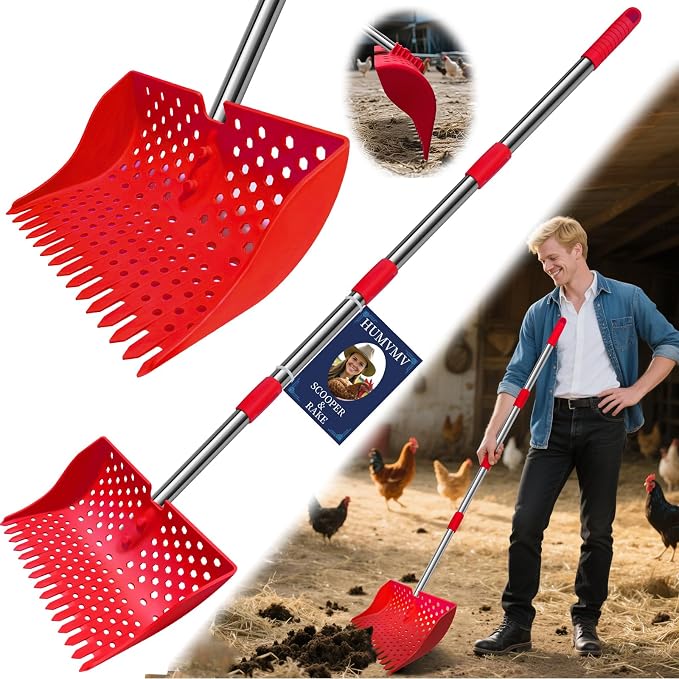 12" 2-in-1 Chicken Poop Scooper & Rake, 3-Shape Sifting Holes Chicken Coop Rake, Stainless Steel Handle (20–61") - Litter Scooper & Sand Sifting Shovel (U.S. Patent No. D1124534) - Red