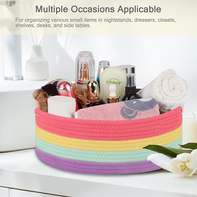 Small Woven Basket with Gift Bags and Ribbons, Empty Baby Gift Baskets for Kids Women Men, Shelf Storage, Small Cat Dog Pet Toy Boxes, 13”x 9”x 5.5”, Rainbow