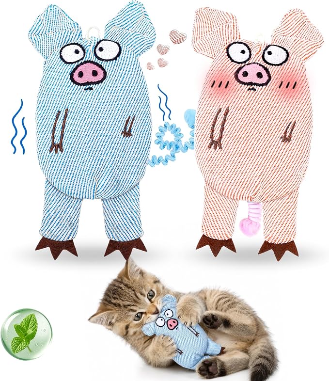 Cat Toys for Indoor Cats, 2 PCS 8000mg A+Natural Catnip Silvervine Crinkle Interactive Cat Toy Pig with Bell Elastic Tail, Baby-Grade Plush Chew Toy for Teeth Cleaning, Cat Kickers for Boredom