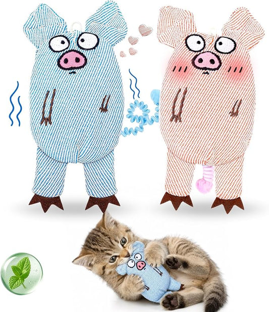 Cat Toys for Indoor Cats, 2 PCS 8000mg A+Natural Catnip Silvervine Crinkle Interactive Cat Toy Pig with Bell Elastic Tail, Baby-Grade Plush Chew Toy for Teeth Cleaning, Cat Kickers for Boredom