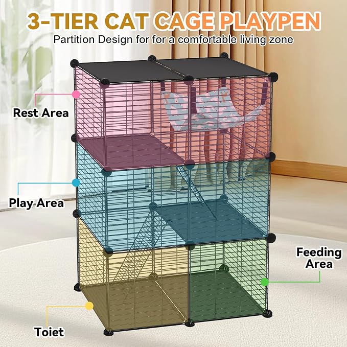 VISCOO Cat Cage(for Kitten), 3-Tier DIY Catio Cat Enclosures, 24" x 16" x 36" Cat Playpen Indoor & Outdoor with Hammock, Detachable Metal Wire Cats Crate, Exercise Place for Squirrel, Ferret