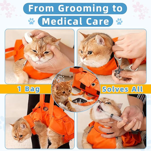 Waterproof Cat Grooming Restraint Bag - Anti-Scratching for Claw Care & Nail Trimming, Ideal for Cat Medical Examination (Orange, M)