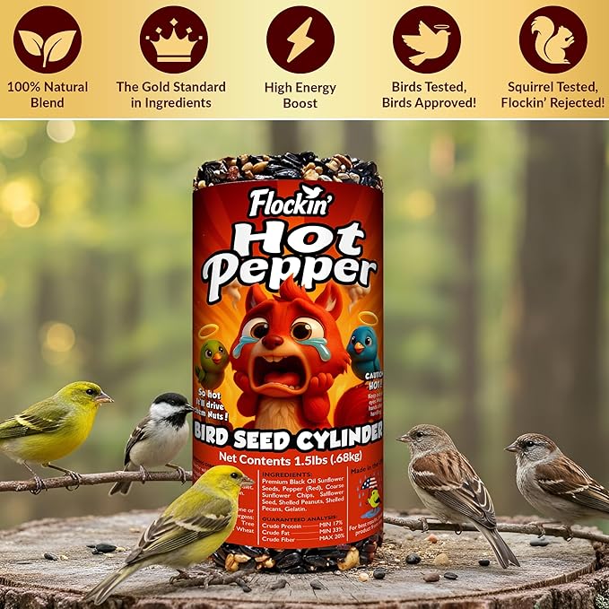 Hot Pepper Bird Seed Cylinders with Hole – Spicy Birdseed to Reduce Squirrels – Bird Seeds for Outside Wild Birds – No Mess Birdseed – Hot Birdseed, No Filler – USA Made (4" x 7.75") 2 Pack